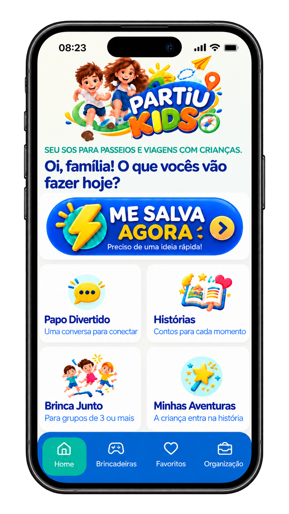 Tela inicial do aplicativo Partiu Kids com opções de brincadeiras, histórias e atividades infantis.