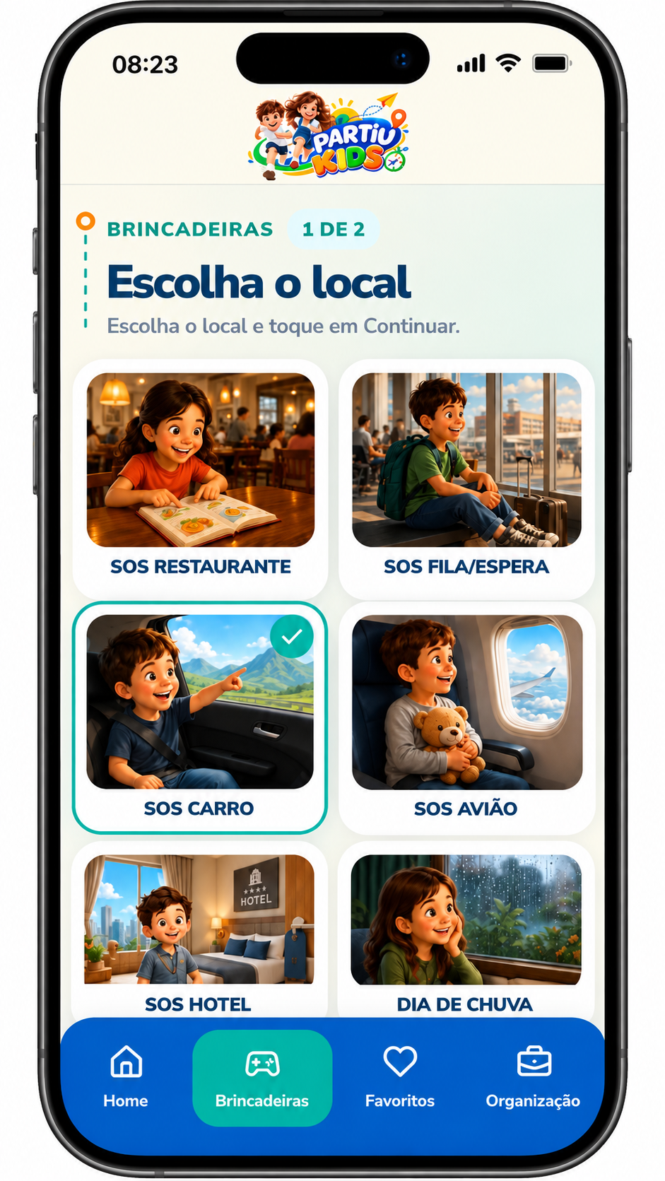 Tela 10 SOS do Partiu Kids para encontrar brincadeiras infantis em poucos cliques.