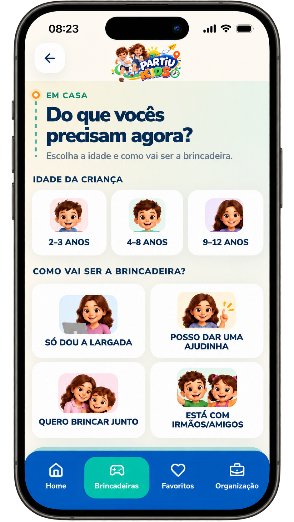 Tela de brincadeiras em casa do Partiu Kids para escolher a idade da criança e o jeito de brincar, com atividades infantis personalizadas.