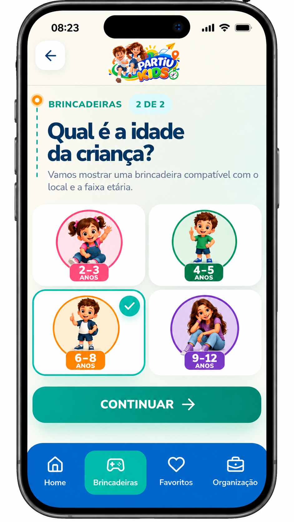 Tela do Partiu Kids para escolher a faixa etária da criança e encontrar brincadeiras adequadas à idade.