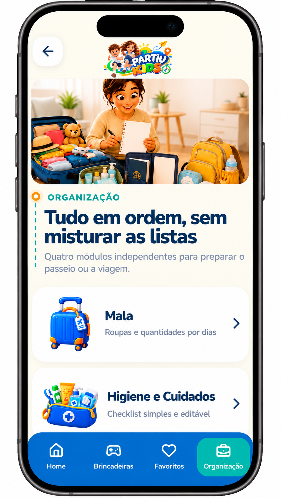 Tela de organização do Partiu Kids com listas de mala, higiene, bebê e documentos.