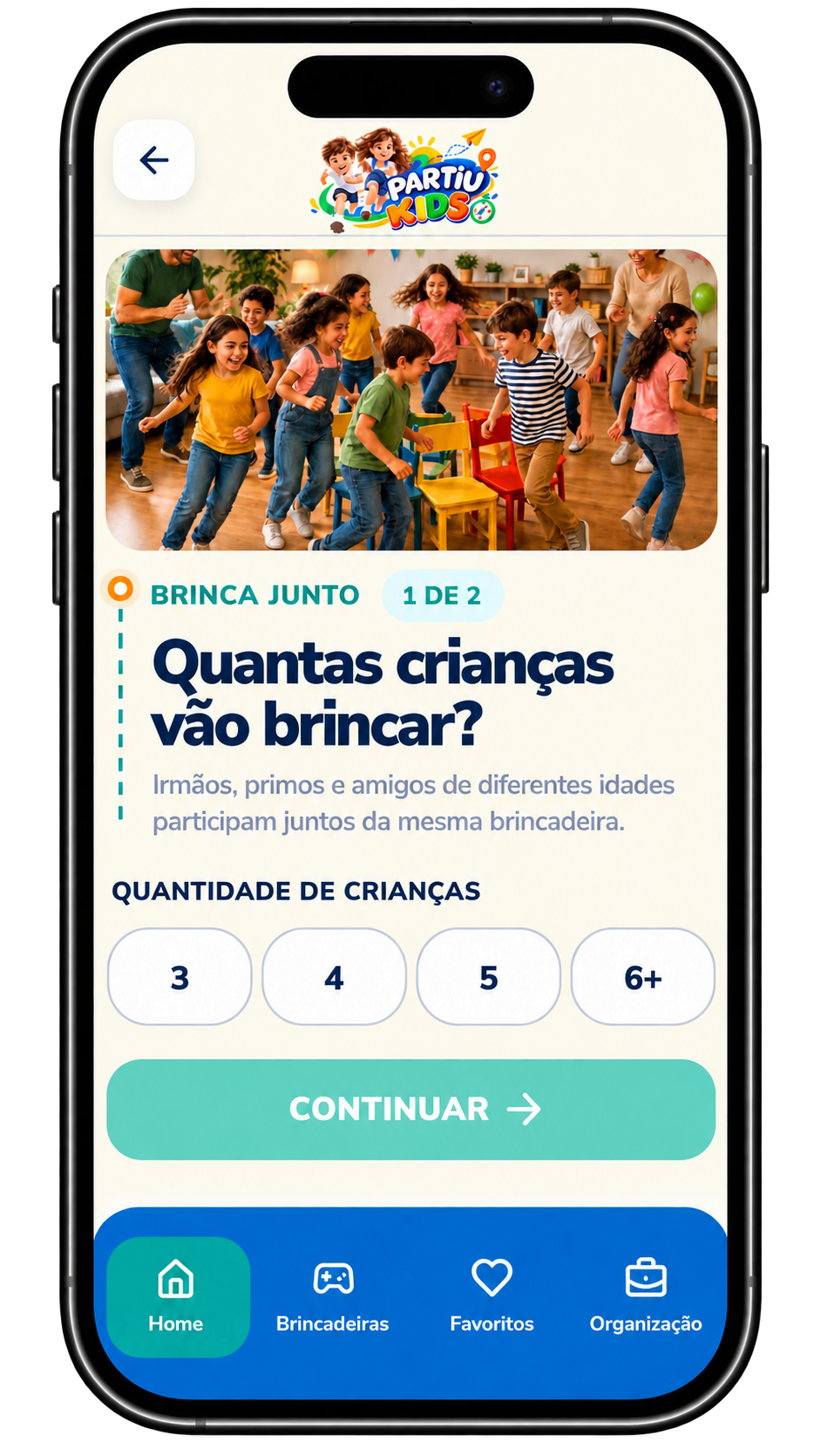 Brinca Junto do Partiu Kids com brincadeiras em grupo para crianças, atividades criativas e diversão longe das telas.