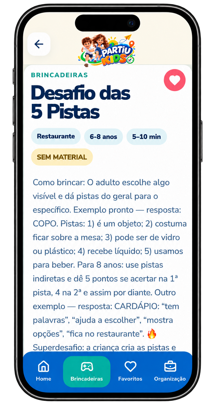Tela exemplo brincadeiras aplicativo Partiu Kids