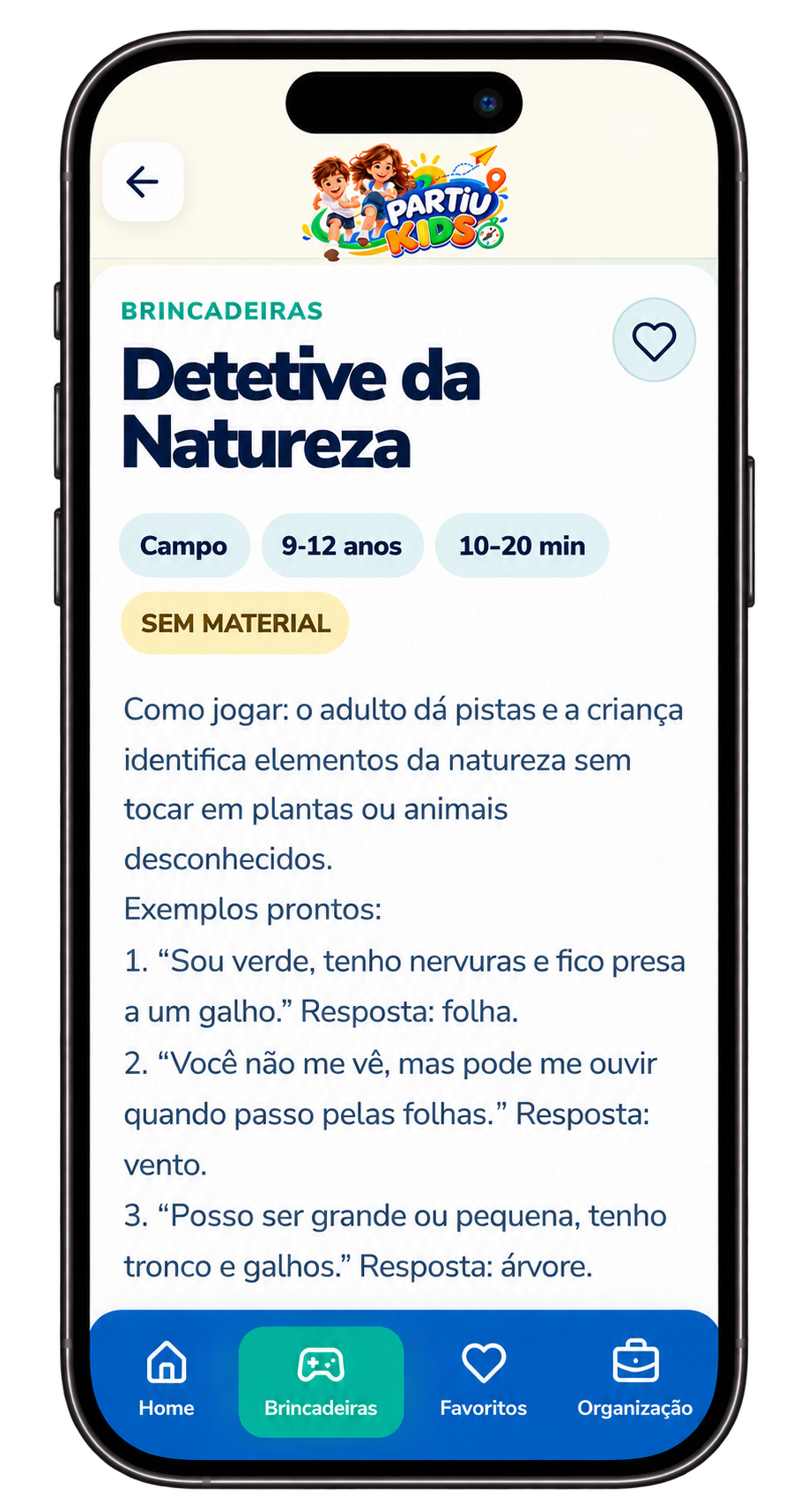 Tela de brincadeira aplicativo partiu kids