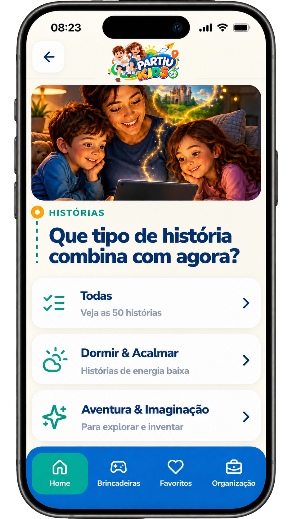 Tela de histórias infantis do Partiu Kids com opções para dormir, acalmar e estimular a imaginação.