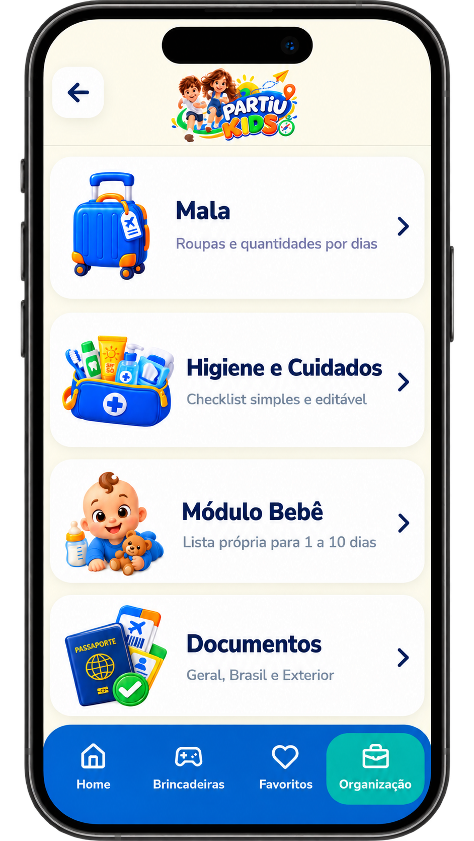 Tela de organização do Partiu Kids com listas de mala, higiene, bebê e documentos.
