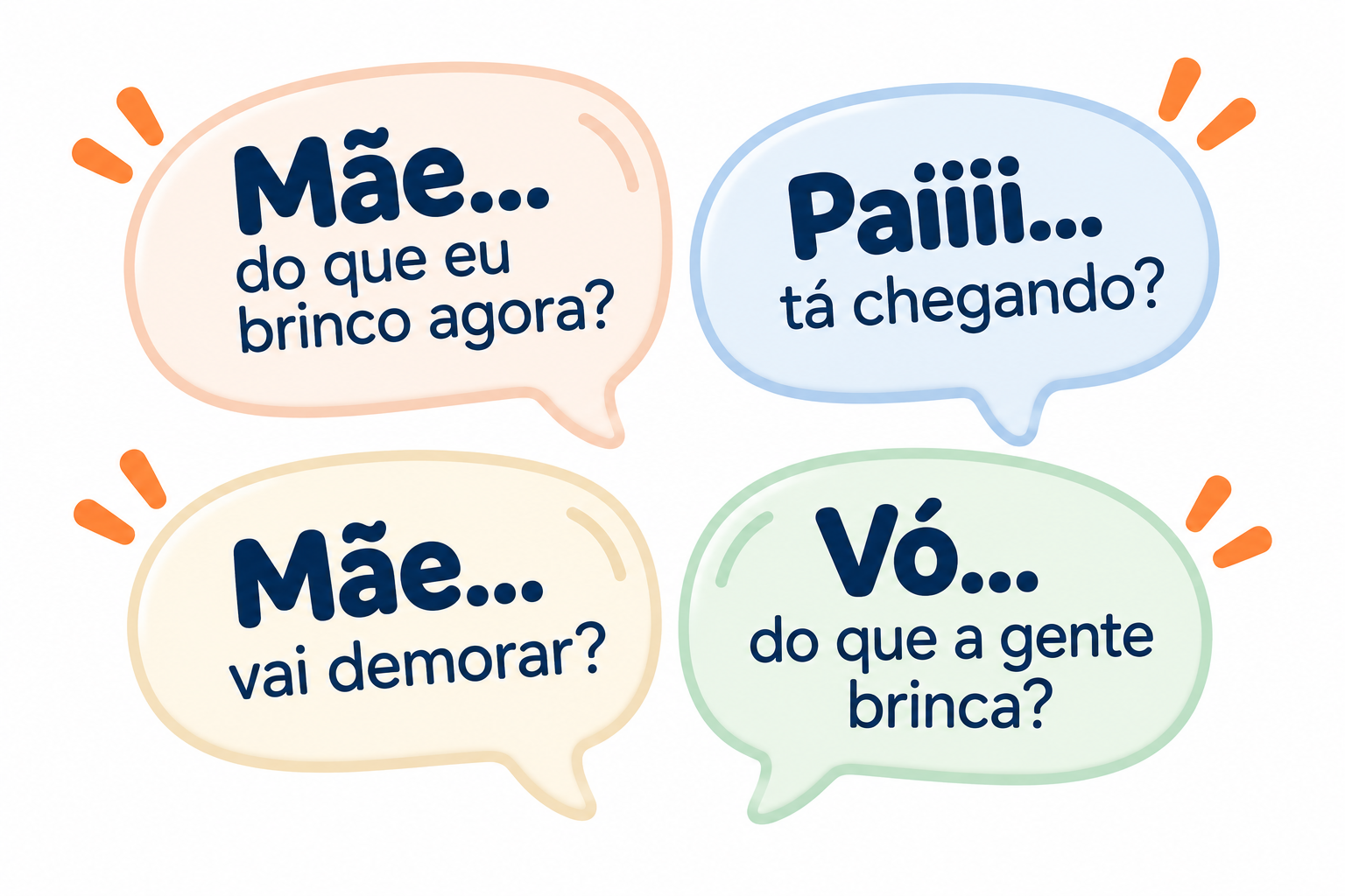 Balões com frases de crianças chamando a mãe para brincar, representando a falta de ideias para atividades infantis no dia a dia.