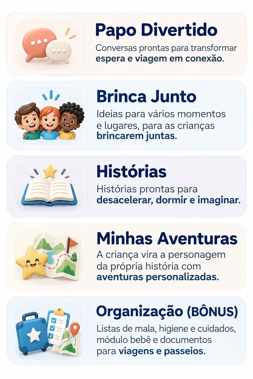 Funcionalidades do aplicativo Partiu Kids: Brinca Junto, Papo Divertido, Histórias Infantis, Minhas Aventuras e Bônus Organização.
