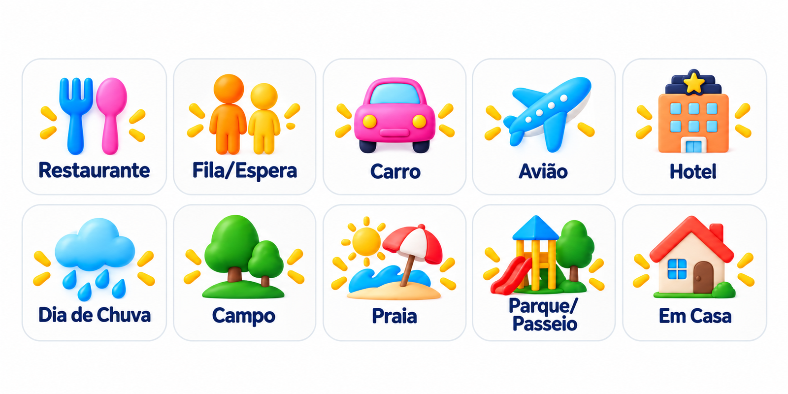Os 10 SOS do Partiu Kids com brincadeiras infantis para casa, restaurante, carro, avião, viagens, filas, praia, parque e passeios.