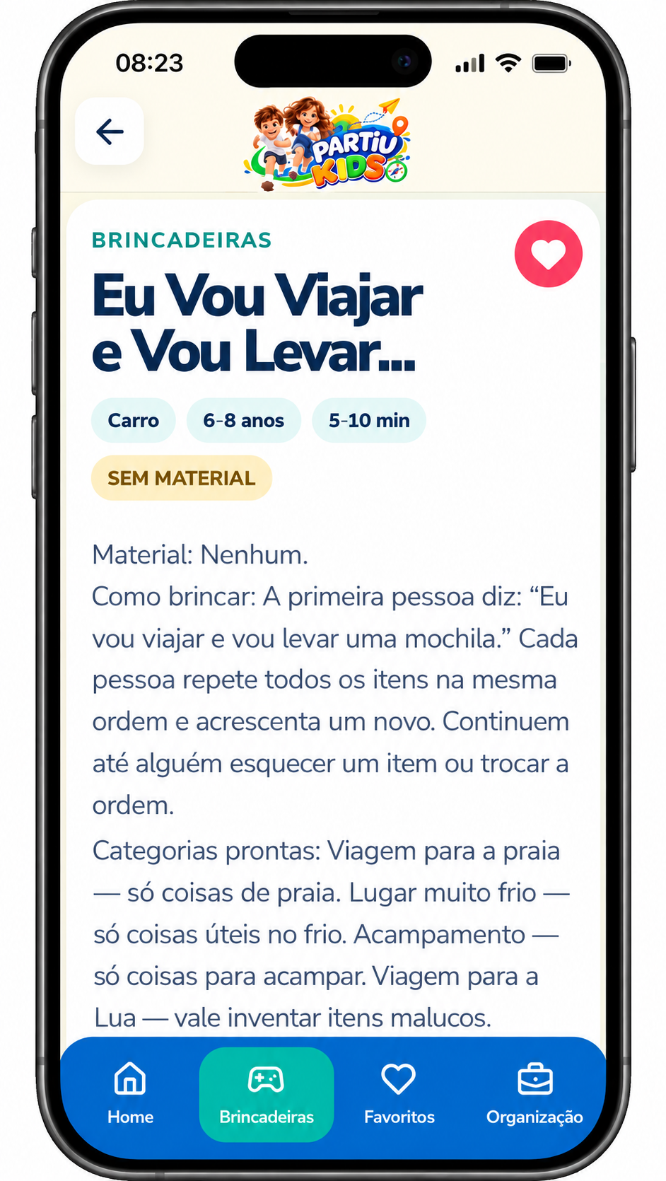 Tela do Partiu Kids com atividades e brincadeiras para crianças durante viagens de carro.