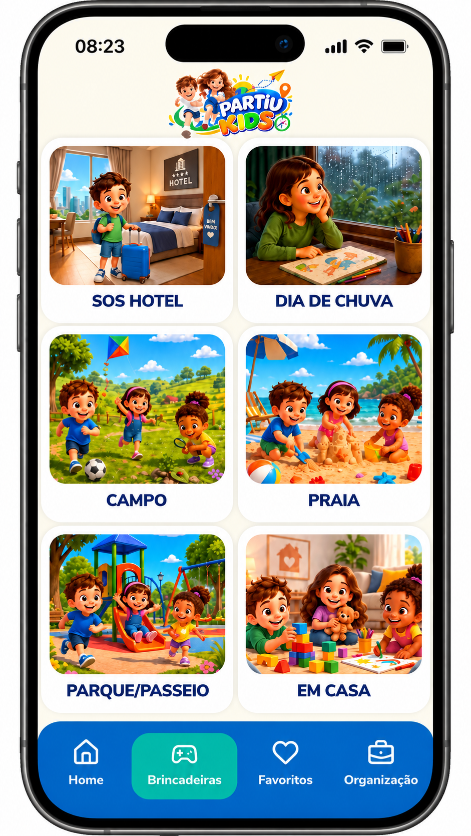 Tela do Partiu Kids com atividades e brincadeiras para crianças durante viagens de carro.