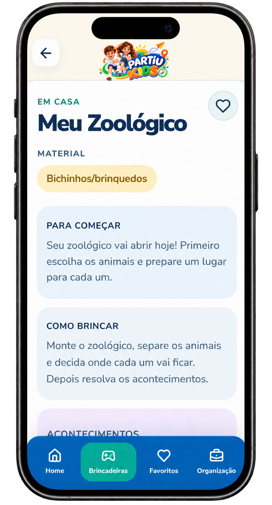 Tela de brincadeiras em casa do Partiu Kids com atividades criativas para crianças.