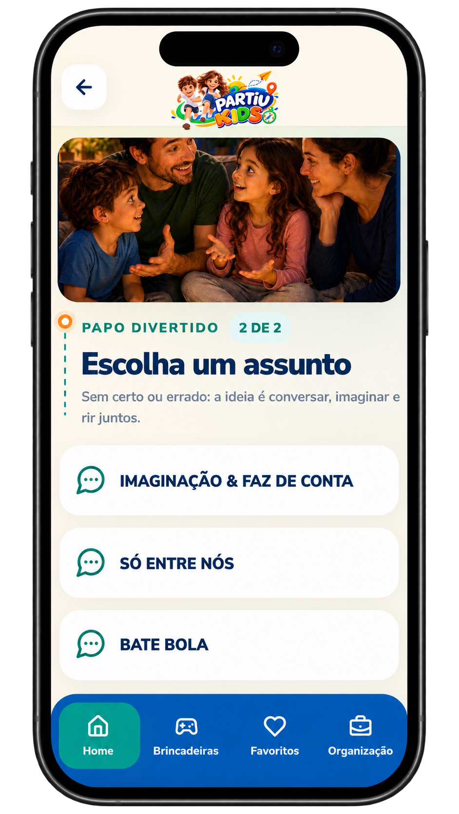 Tela de histórias infantis do Partiu Kids com opções para dormir, acalmar e imaginar.
