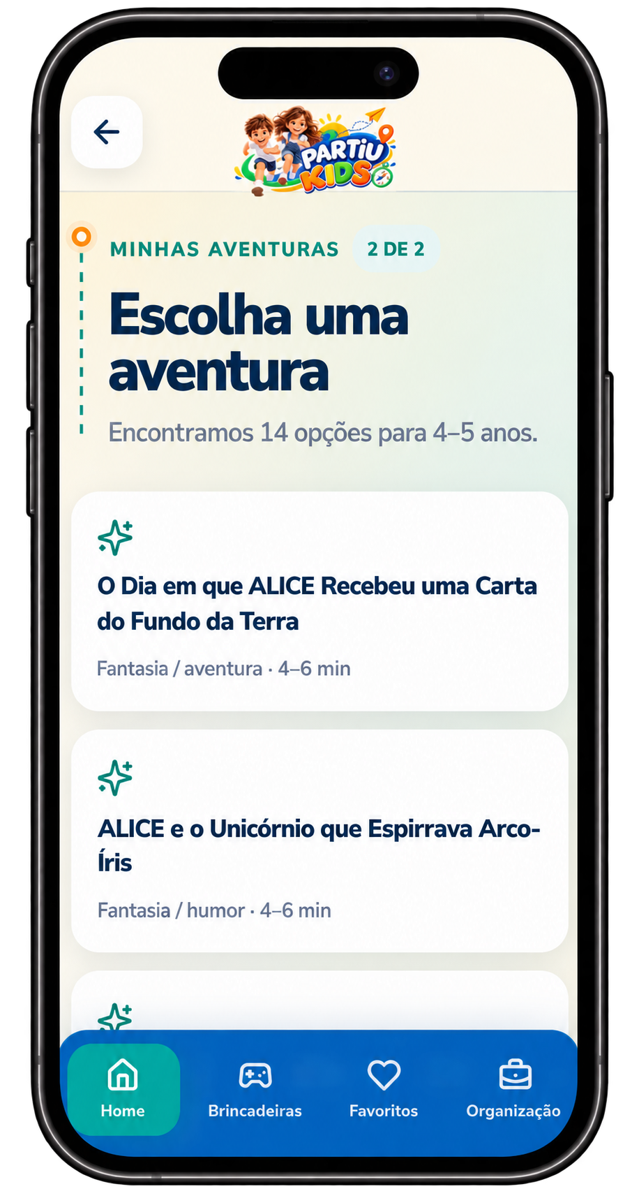 Tela Minhas Aventuras do Partiu Kids para criar histórias personalizadas com a criança como personagem.