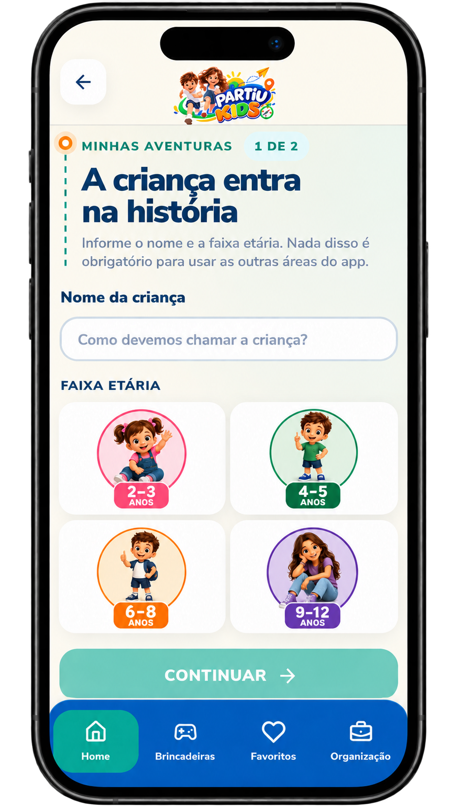 Tela Minhas Aventuras do Partiu Kids com histórias personalizadas em que a criança participa como personagem