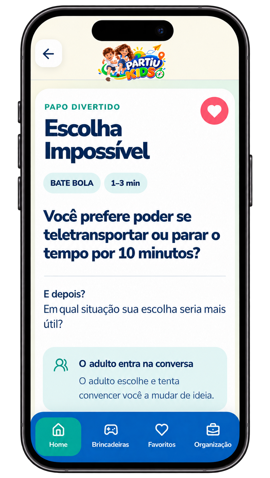 Tela Papo Divertido do Partiu Kids com perguntas criativas e conversas para pais e filhos.